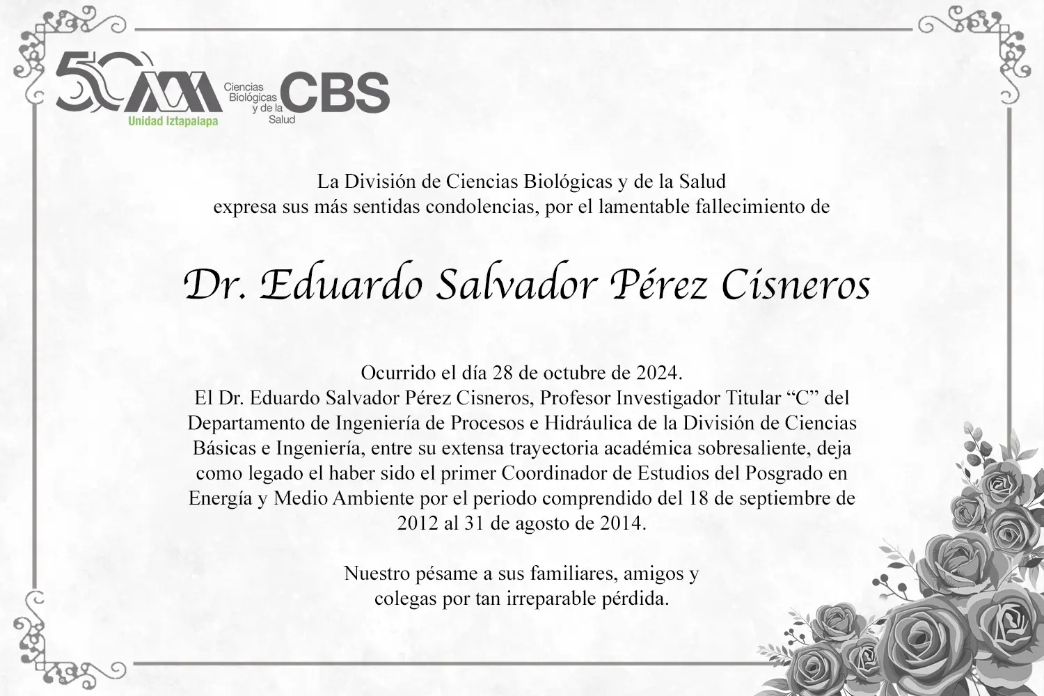 Esquela Dr. Eduardo Salvador Pérez Cisneros